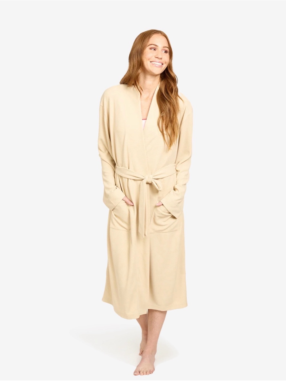 Line and Dot Women's Cream Waffle Long Robe with Tie Waist